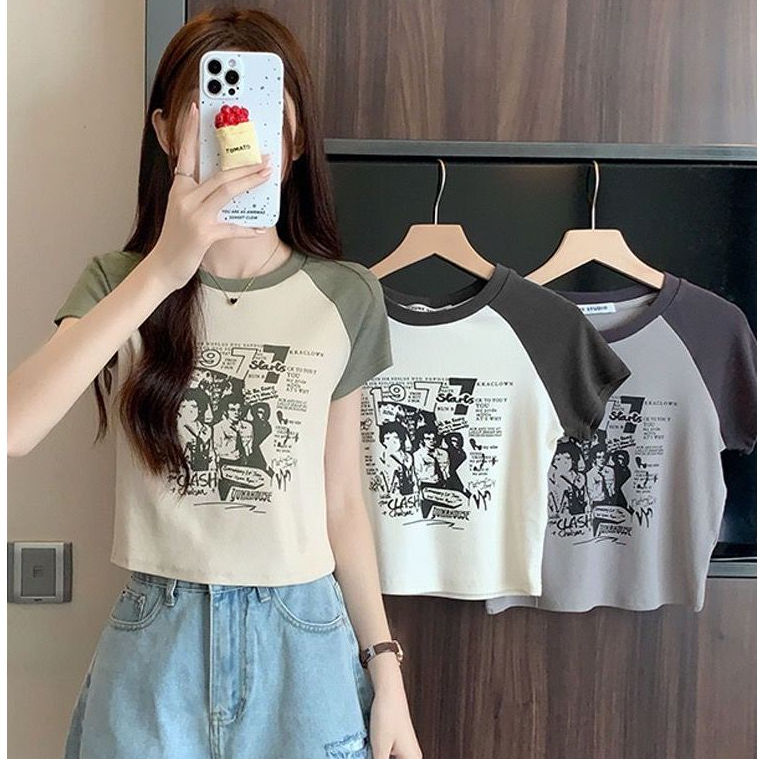 เสื้อครอปน่ารักสไตล์เกาหลี เสื้อผ้าสาวอวบแฟชั่น เสื้อยืดสวยๆผู้หญิงฤดูร้อนใหม่ เข้ารูปทรง สกรีน พิมพ์ลายวินเทจ กําลังฮิต ราคา ถูกที่สุด ดีลบีเคเค แกลเลอรีภาพที่ 8