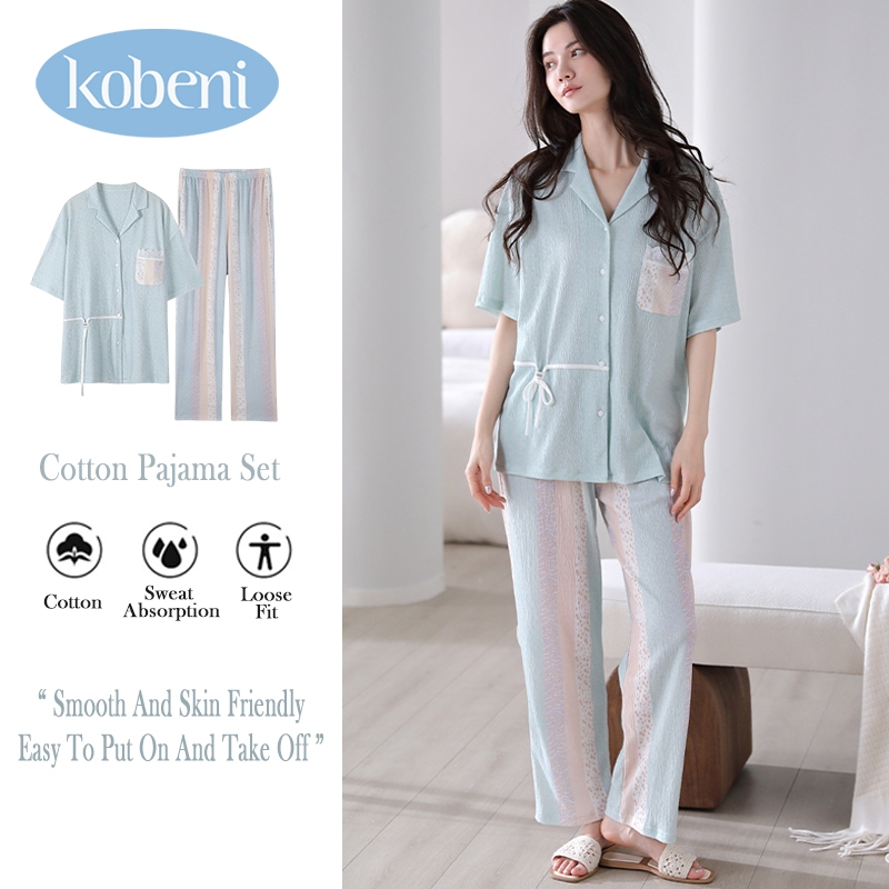 ⭐KOBENI⭐ชุดนอน ผู้หญิง เสื้อแขนสั้น ขายาว พิมพ์ลายดอกไม้ ผ้ายืด ใส่สบาย เสื้อผ้า