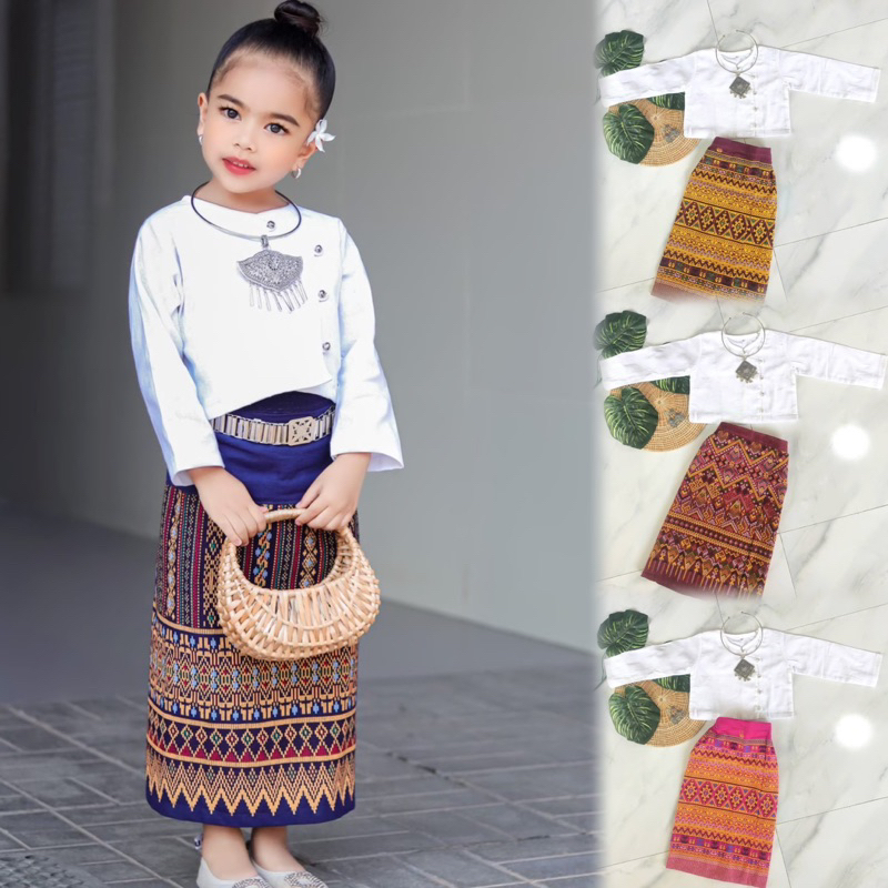 (TV)ผ้าชุดพื้นเมือง เสื้อขาว ลายผาแดง 1ชุดมีเสื้อกับกระโปรง