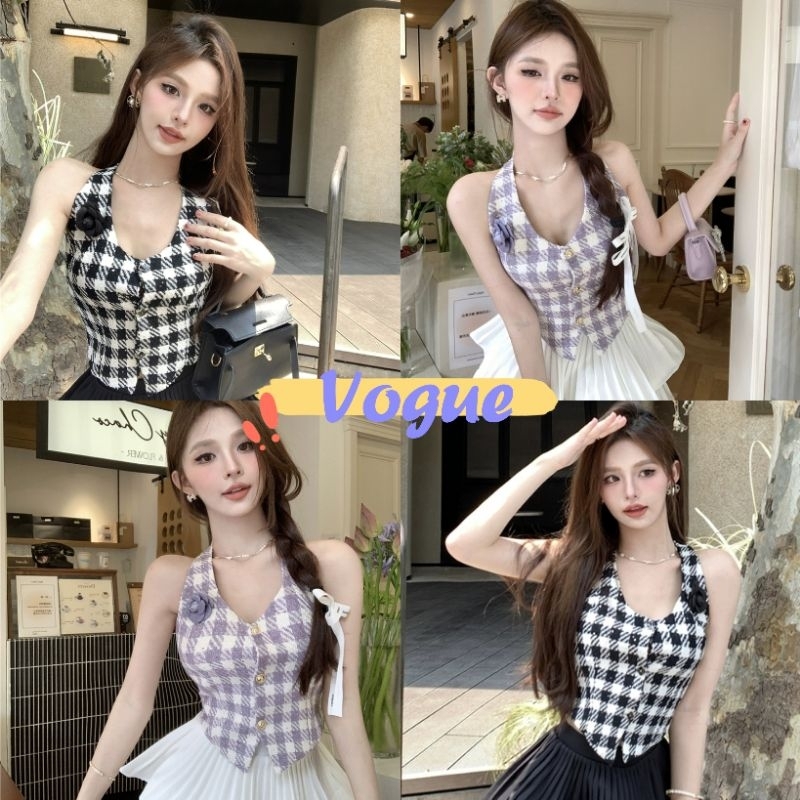 Vogue พร้อมส่ง เสื้อแขนกุดลายสก๊อตคอเหลี่ยม สไตล์ลายสก๊อต สามารถสวมใส่คนเดียวได้ ดีมาก (M2845)