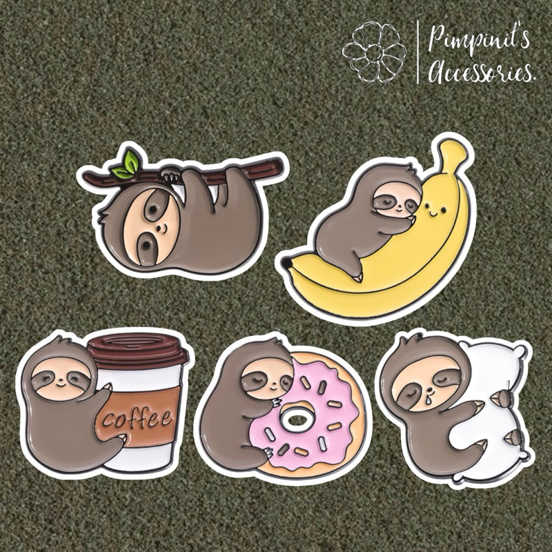 ʕ •ᴥ•ʔ ✿ พร้อมส่ง : เข็มกลัดเซ็ทสลอธสีน้ำตาล x กล้วยและกาแฟ | Brown Sloth x Banana & Coffee Enamel B