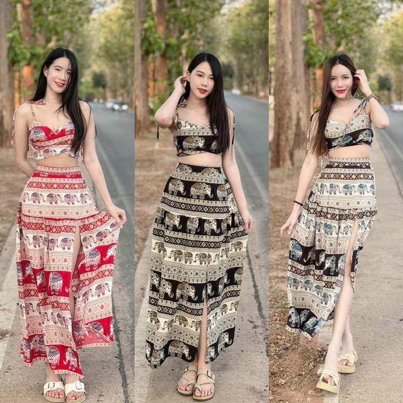 TANTANOD -รหัสE1 ชุดเซตช้าง ผูกไหล่เสื้อปาดไหล่ กระโปรงแหวก รุ่นRosy