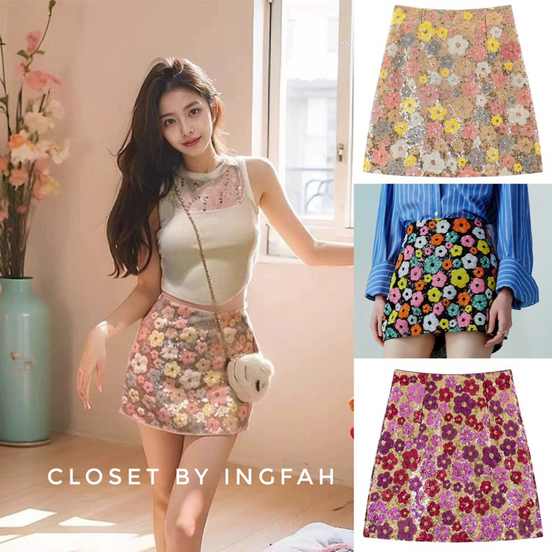 glitter skirt กระโปรงกริตเตอร์ ปักเลื่อม ทรงสั้น น่ารัก ลายดอกไม้