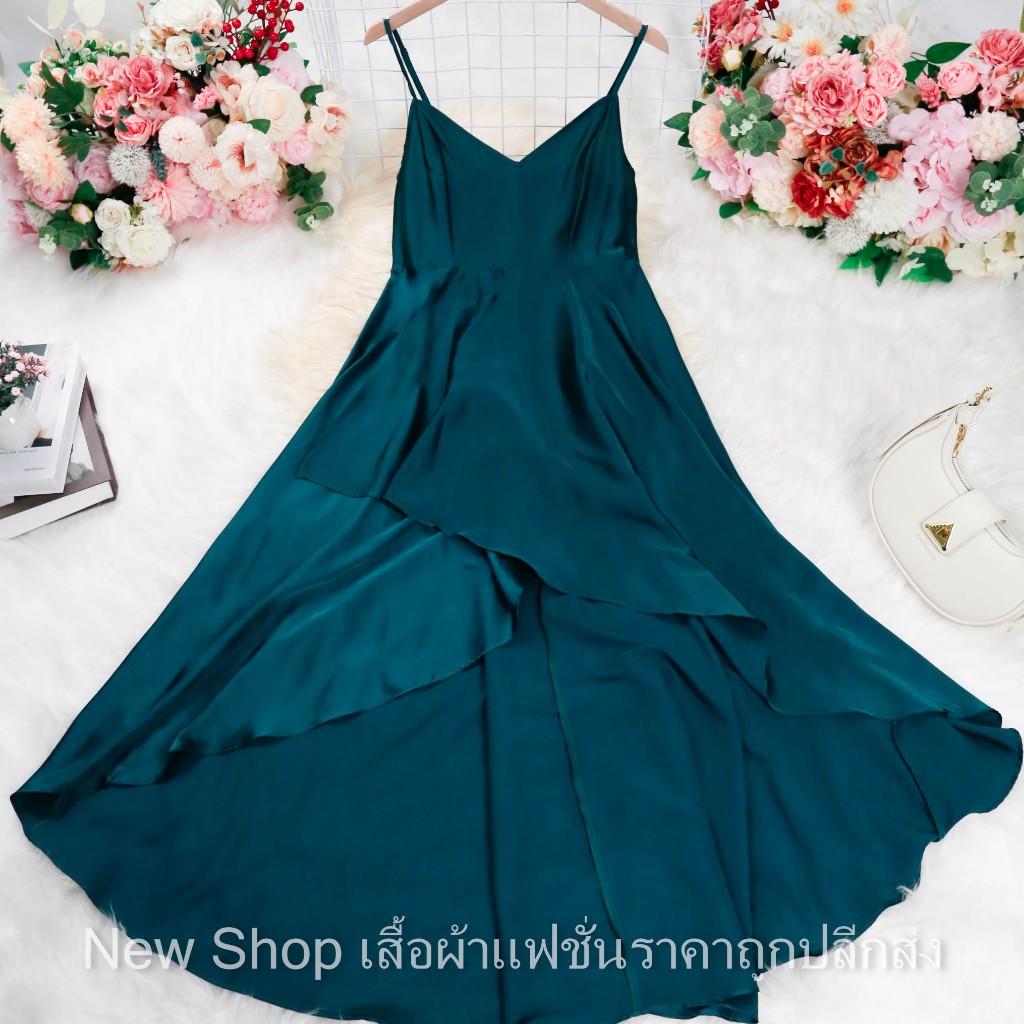 ชุดเดรสสายเดี่ยว สีเขียวไข่กา ผ้าซาติน (Satin) ความยาวชุด=56