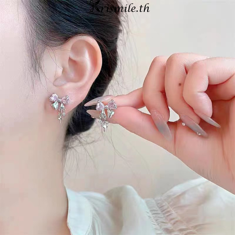 COD-ในไทย💖ประดับโบว์ต่างหูสตั๊ด สีชมพู ประดับเพทายแวววาว  ระดับไฮเอนด์ INSสไตล์เกาหลี สำหรับผู้หญิง ไม่ทําให้แพ้ง่าย-Kri