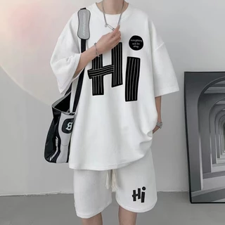 ไซส์ใหญ่ชุดสูทผู้ชาย คอกลมเสื้อยืด+กางเกงขาสั้นผ้าวาฟเฟิล ชุดเซ็ทผู้ชายชุดคู่