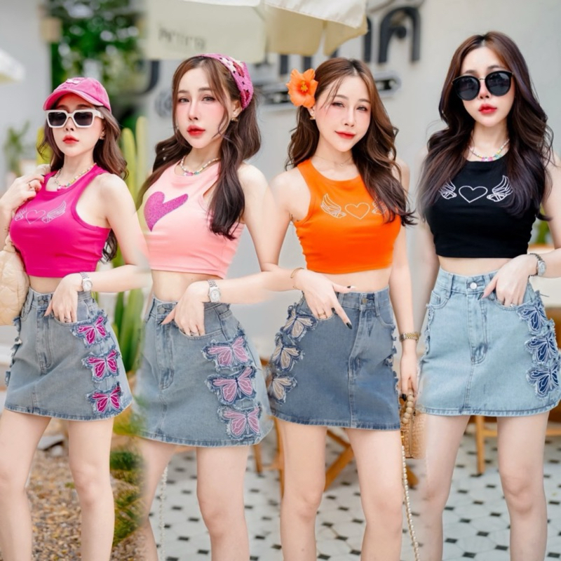 🦋กระโปรงยีนส์แต่งผีเสื้อด้านข้างน่ารักๆทรงสวย เสื้อผ้าแฟชั่นสวยๆ ชุดใส่เที่ยว