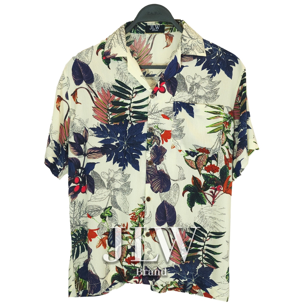 เสื้อฮาวาย ลายโกจิเบอร์รี่ น้ำเงิน ผ้านิ่มใส่สบาย JLW BRAND ผ้าเรย่อน