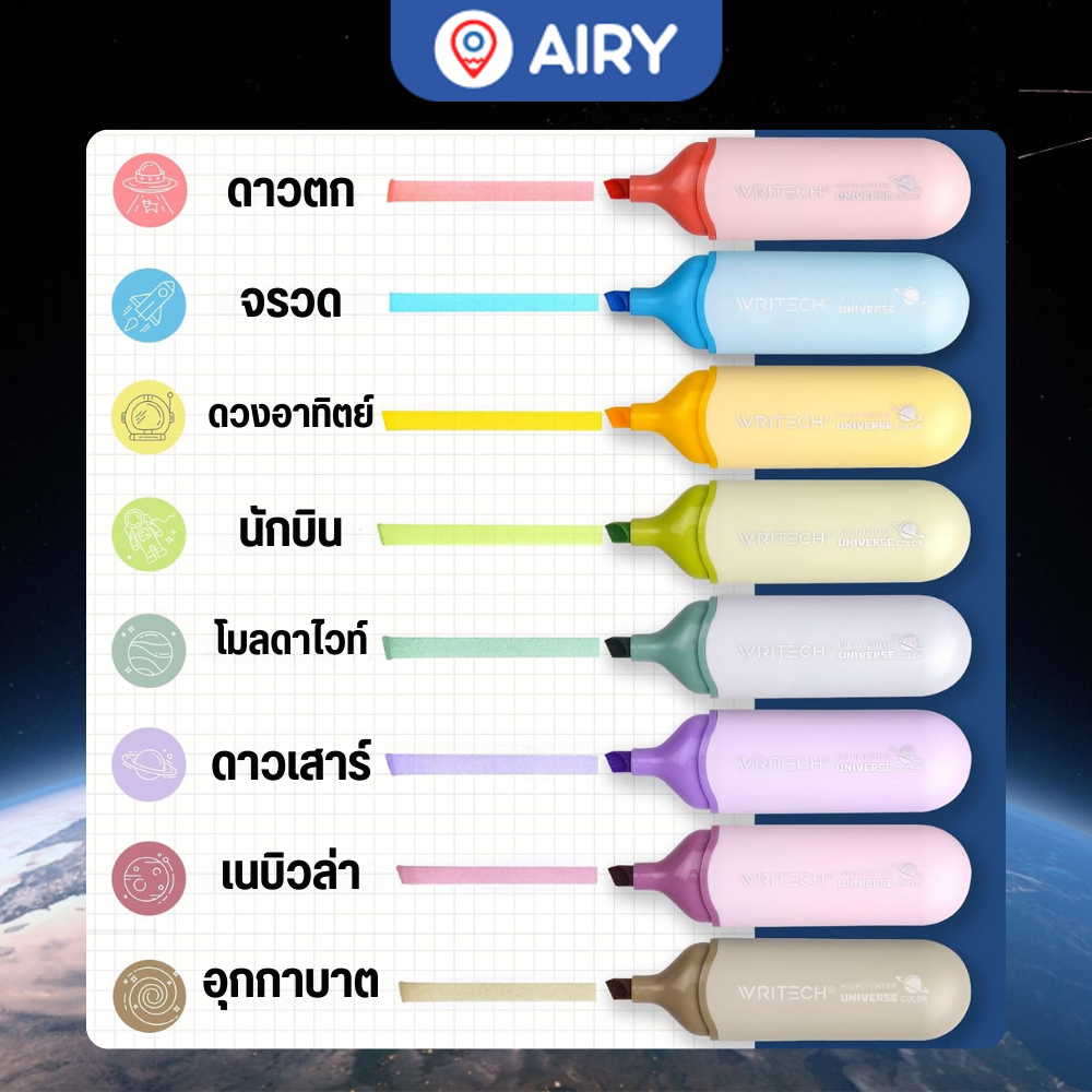 ปากกาไฮไลท์ Writech รุ่น W-8154 เน้นข้อความ highlighter สีนีออน พาสเทล ดีไซน์เก๋ ทับตัวอักษร(1 ด้าม)