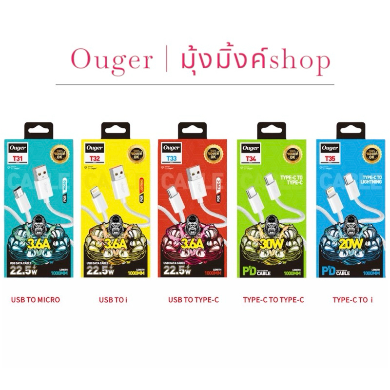 Ouger สายชาร์จ สายถัก หัวUSBและTypeC รองรับชาร์จเร็วสูงสุดถึง20-30WสำหรับหัวTypeC/iP/micro