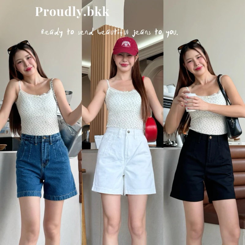 Proudly.bkk ยีนส์สามส่วนจับจีบ เอวสูงทรงวินเทจยาว16นิ้ว
