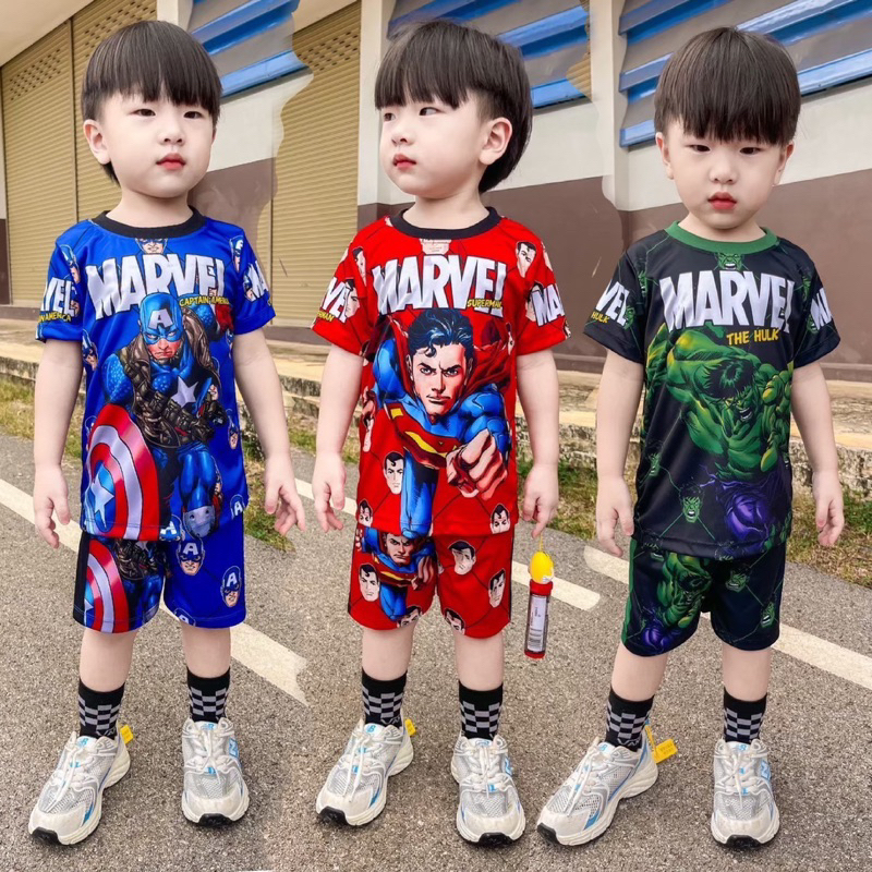 ชุดเซ็ทเด็ก เสื้อแขนสั้น+กางเกงขาสั้น ชุดเด็ก ลายซุปเปอร์ฮีโร่ ผ้าไมโครไฟเบอร์