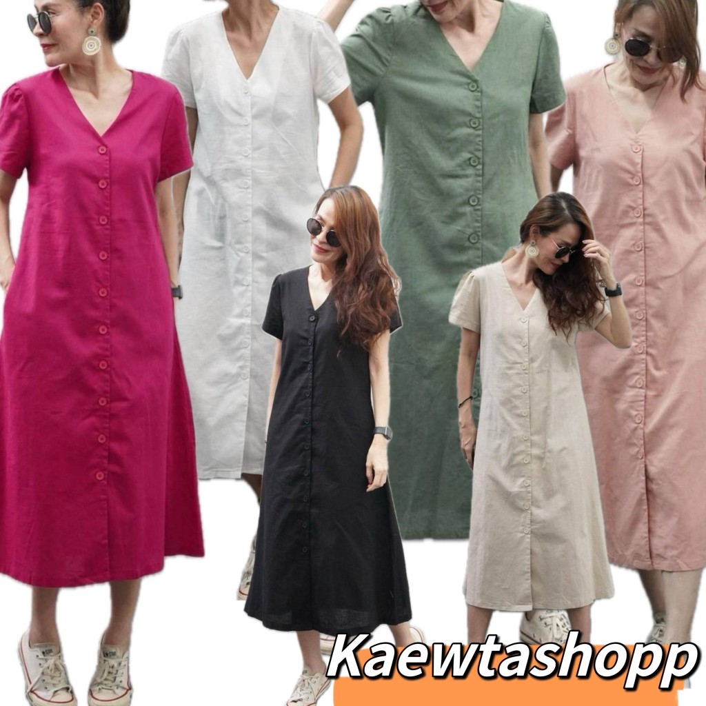 เดรสลินิน เดรสยาว กระดุมหน้า แขนตุ๊กตา ทรงเข้ารูป ไซส์ใหญ่ กระเป๋าข้าง kaewtashop