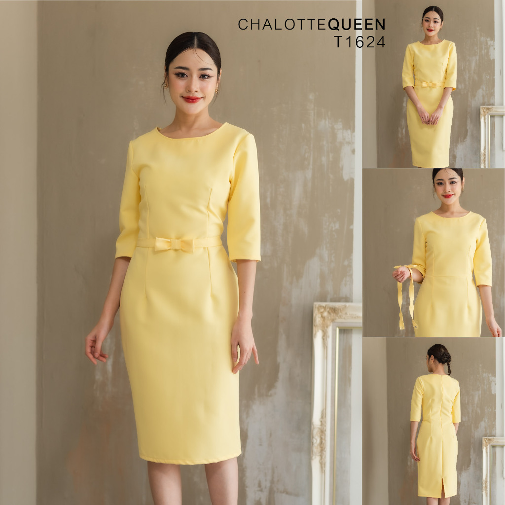 TEESBRAND T1624 ชุดทำงานสีเหลือง ทรงสอบ คอกลม แขนห้าส่วน มีเข็มขัดโบว์ ชุดเหลืองไปงาน เดรสเหลือง
