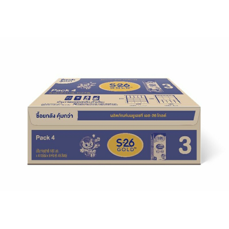 เอส-26 โกลด์ นม uht สูตร 3 แพ็ค 4×9 (36 กล่อง) เพิ่ม DHA S-26 Progess Gold UHT