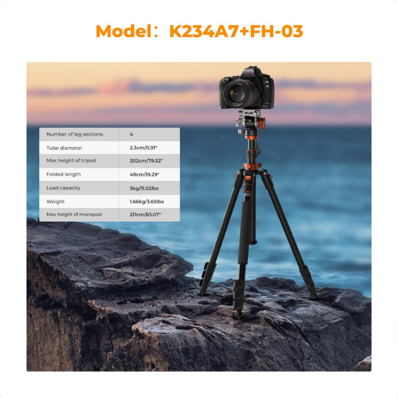 ขาตั้งกล้อง K&F K234A7+FH-03 หัวไฮดรอลิกพร้อมปรับการหน่วงที่ราบรื่น (KF09.136)