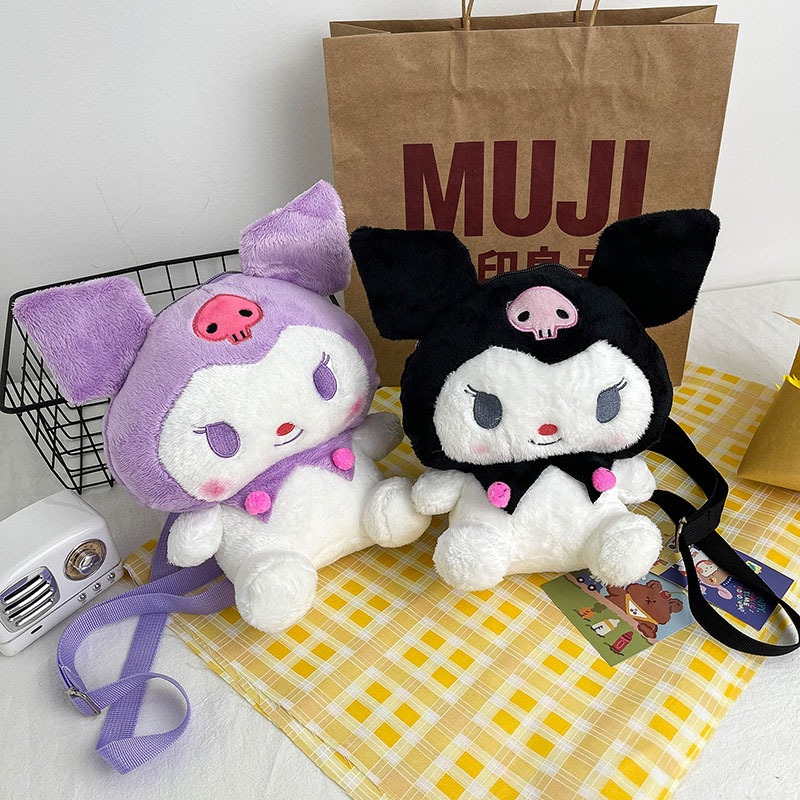 FUFU SHOP ระเป๋าเป้สะพายข้างสีดำสีม่วงตุ๊กตาคุโรมิ กระเป๋าสะพายไหล่ Kuromi My Melody Plush Bag Cute Cartoon Shoulder Bag