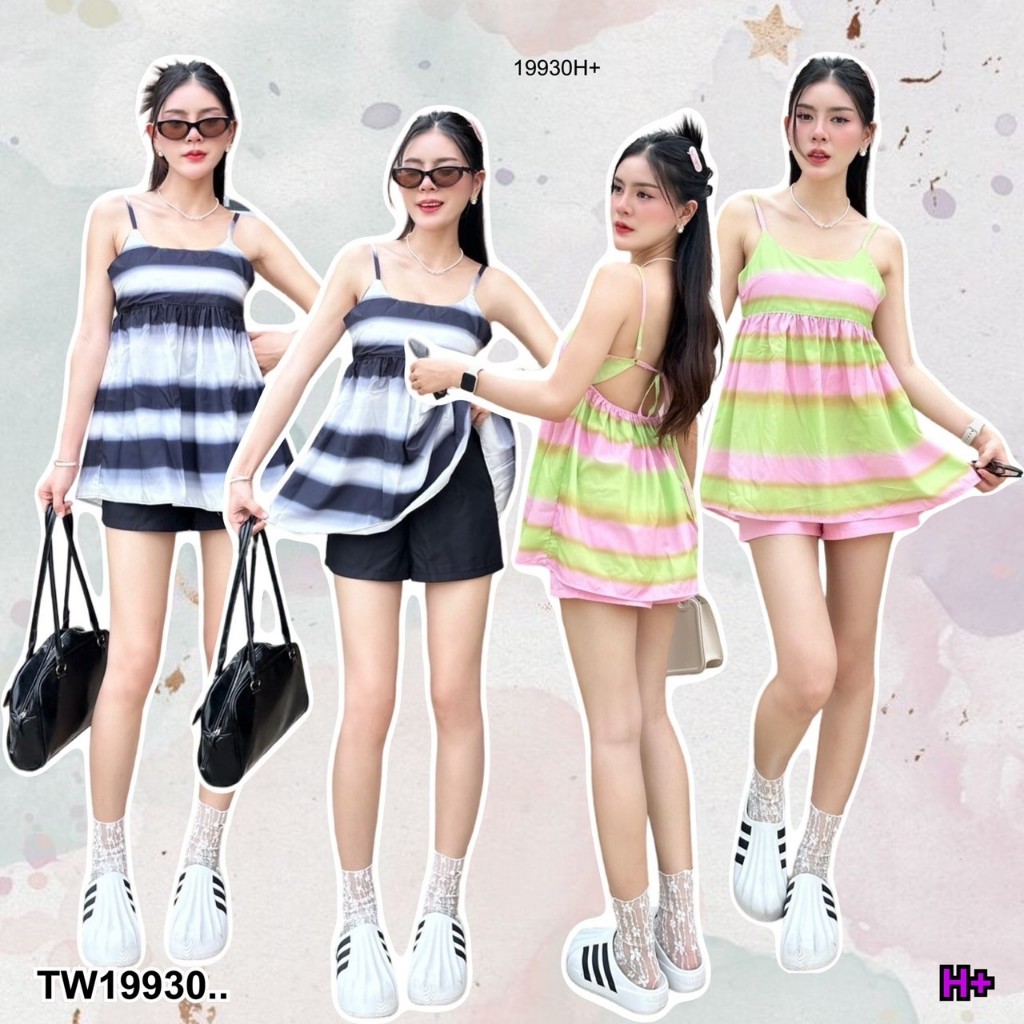 TwinsShopVip พร้อมส่ง TW19930 Set 2 ชิ้น เสื้อตัวยาวสายเดี่ยว + กางเกงขาสั้น ..