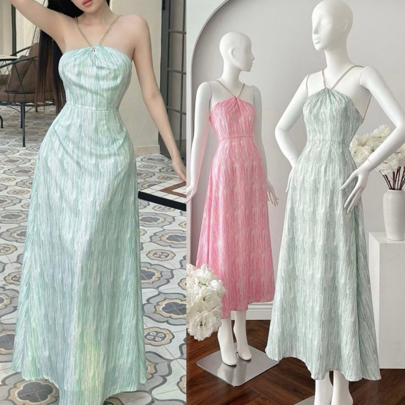 Teera พร้อมส่ง เดรสยาวสายไขว้หน้า สายห่วงทอง มีซับใน ด้านหลังซิป+ยางยืด