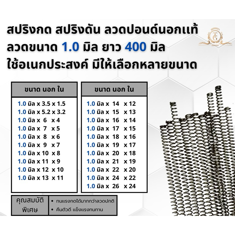 สปริงกด สปริงดัน ลวดปอนด์นอกเเท้ แข็งแรงทนทาน ลวดขนาด1.0mm ยาว 400mmมีให้เลือกหลายขนาดใช้ได้อเนกประสงค์