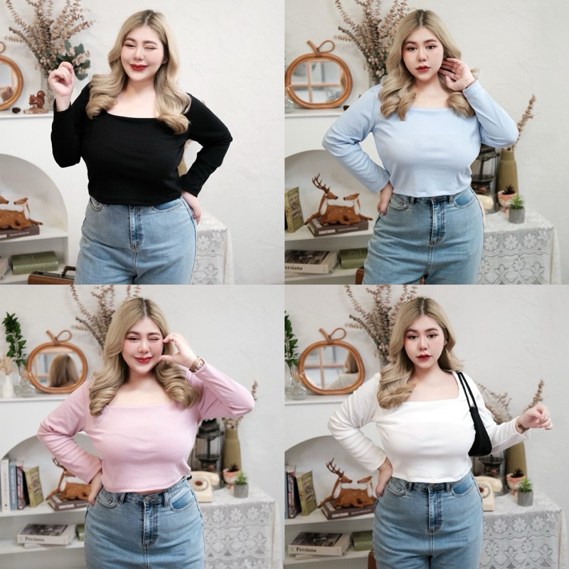 /TB/ เสื้อครอปคอเหลี่ยมแขนยาว สาวอวบ มีไซส์อก 40-50 ยาวกำลังดี ใส่สวย ต้องมีติดตู้ #เบสิค