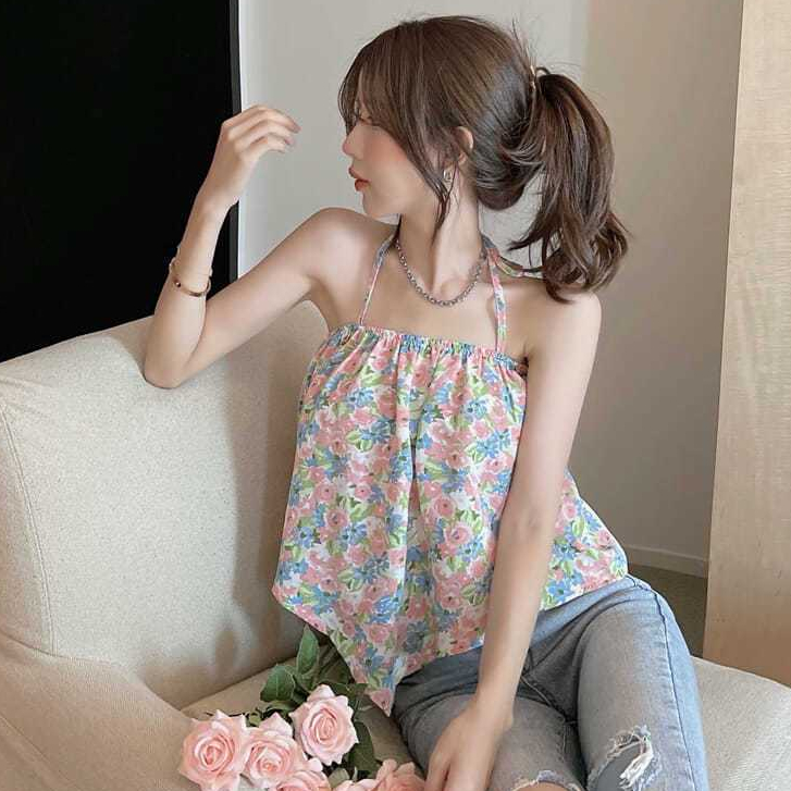 เสื้อครอปสุดหวานพร้อมสายเอี๊ยมลายดอกไม้