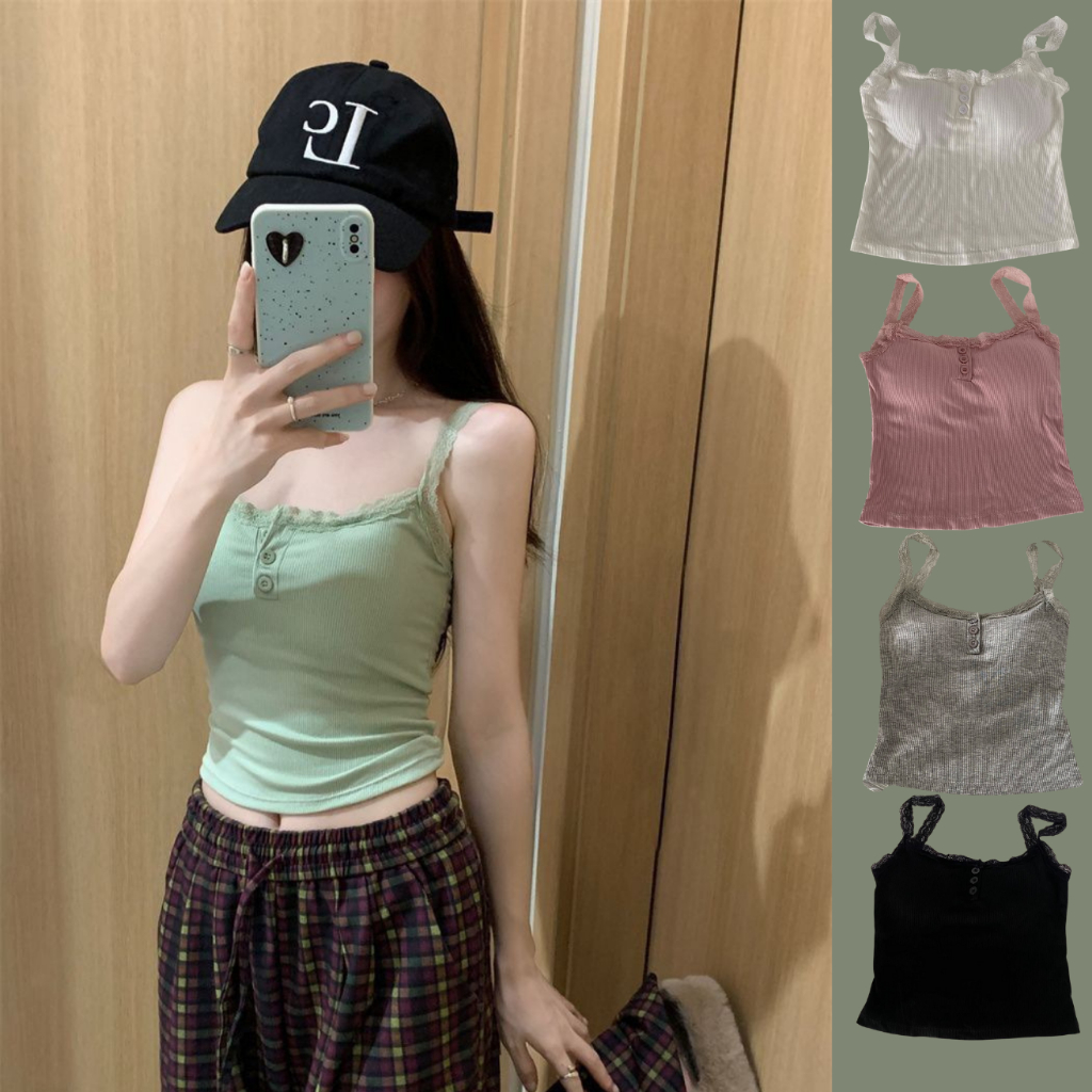 เสื้อกล้าวสายเดี่ยวแต่งลายลูกไม้ B-087 มีกระดุมใช้งานได้ตจริง เสริมฟองน้ำเย็บติด พร้อมส่งจากไทย