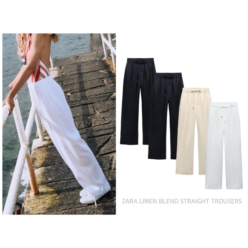 ZARA กางเกง ผ้าลินินผสม ทรงขากว้าง LINEN BLEND STRAIGHT TROUSERS (B3101)