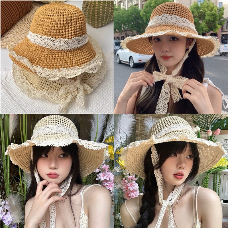 (RR) หมวกเชือกสานชายหาด บังแดดปีกกว้าง ผ้าลูกไม้ผูกคอ