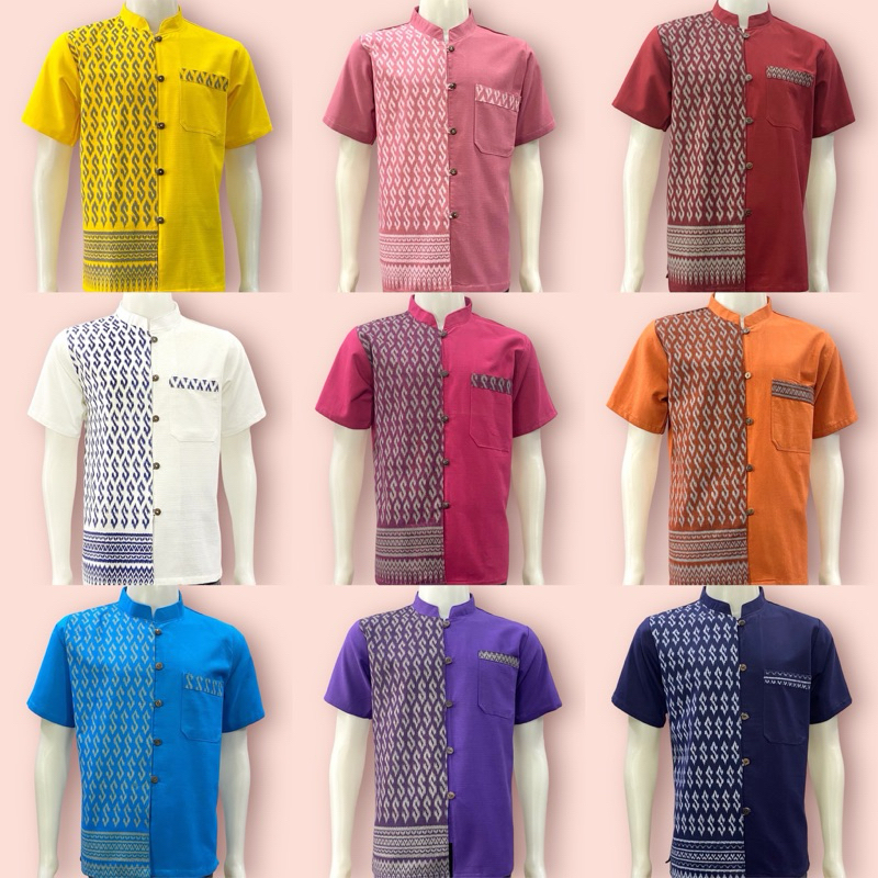 เสื้อผ้าฝ้ายกัดพิมพ์ลายขอ-คอจีนแขนสั้น-สีกรม