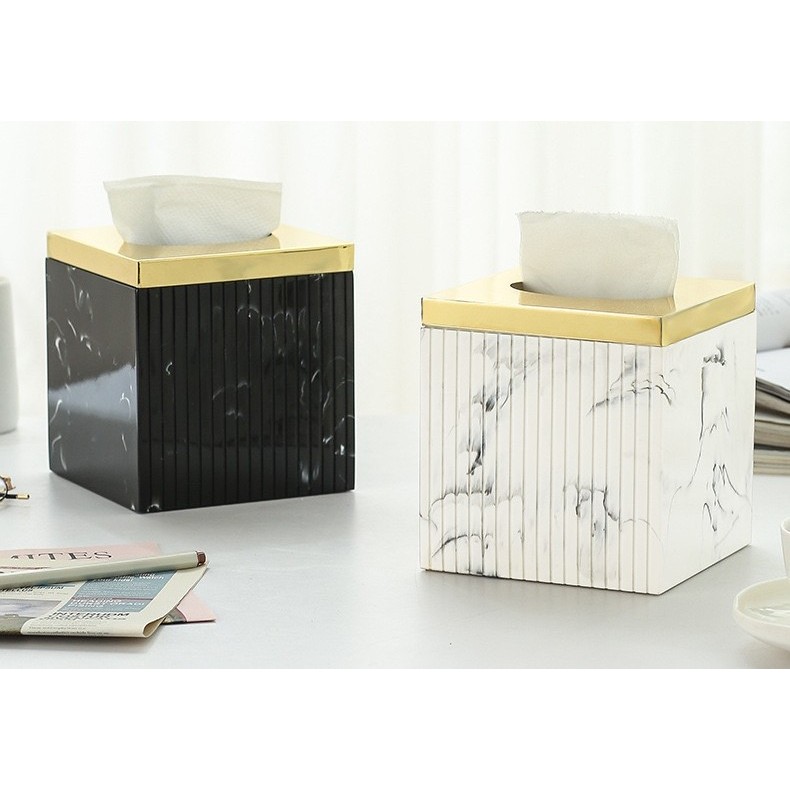 HH28-2 กล่องทิชชู่ลายหินอ่อนสี่เหลี่ยมสั้นสีขาวฝาทอง