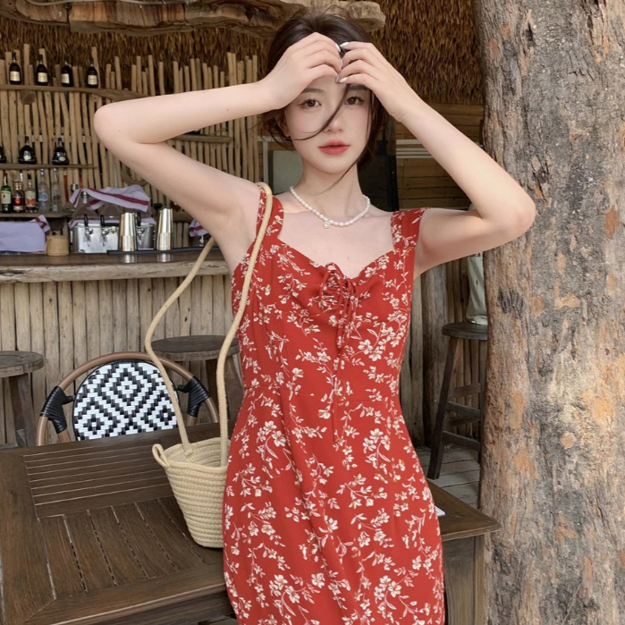 fashiongirl1688 เดรสกระโปรงยาว สายเดี่ยว คอเหลี่ยม มีโบว์ผูกตรงหน้าอก ดีไซน์น่ารักเหมาะกับฤดูร้อนสุด
