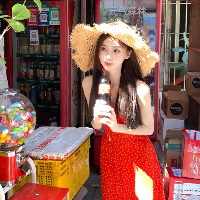 aililai1688 มินิเดรสสั้น สายเดี่ยว คอเหลี่ยม ตรงหน้าอกมีโบว์ผูกเพิ่มความน่ารัก ดีไซน์ลายจุด สีแดงสด