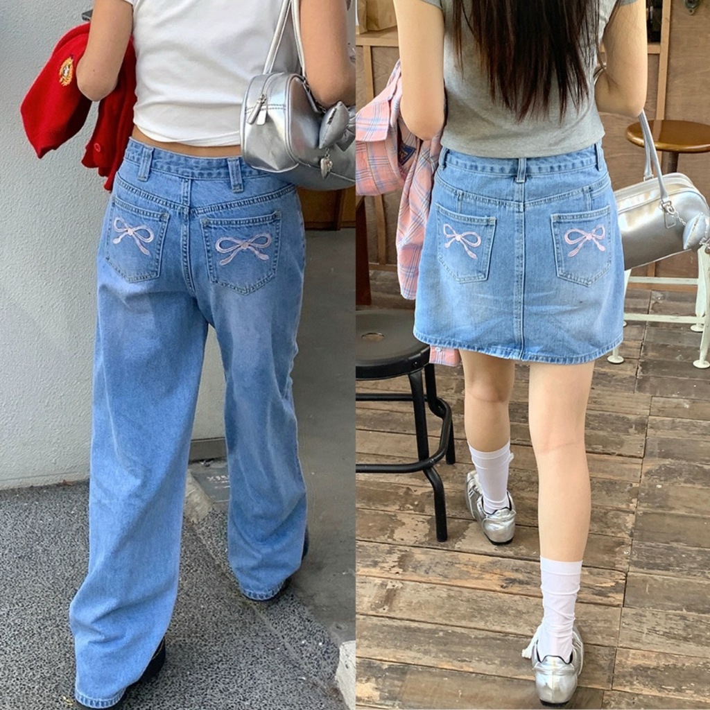 (พร้อมส่ง) Clothestoryy - Barbie Denim Series กระโปรงยีนส์,กางเกงยีนส์ขายาว ปักริบบิ้น ปักลายโบว์