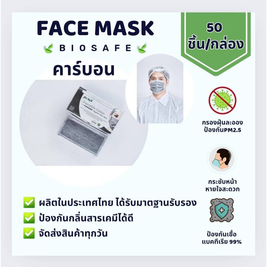 หน้ากากอนามัยคาร์บอน​ หนา 4ชั้น​ Biosafe กล่อง 50 ชิ้น