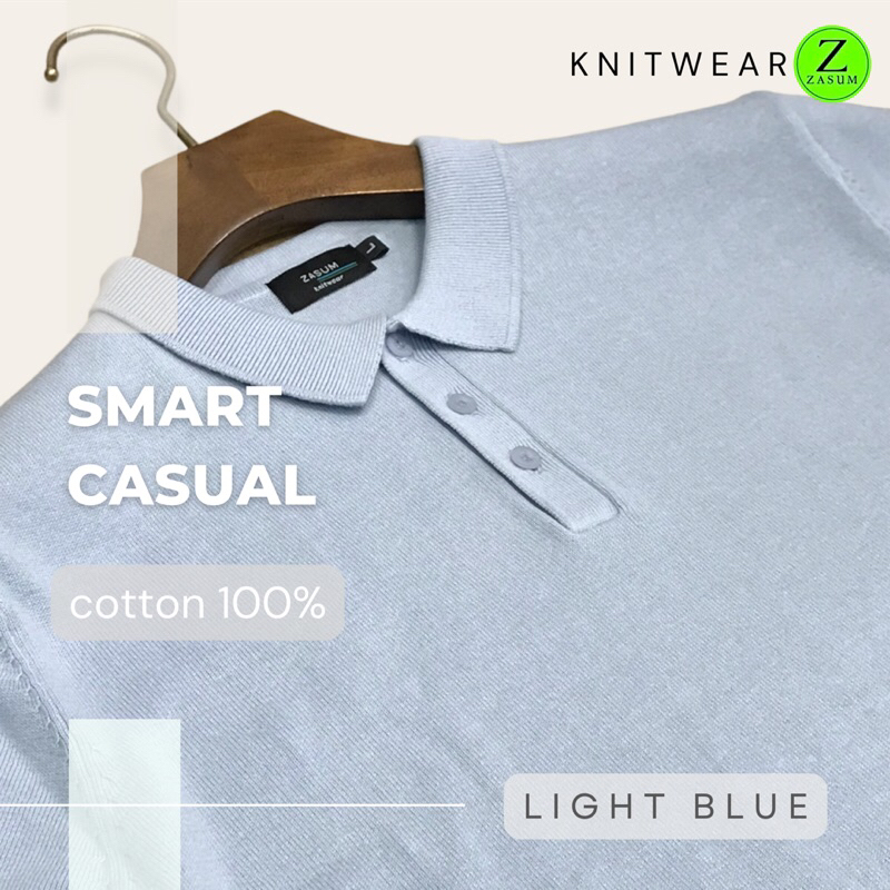 Knitwear zasum Short sleeve polo solid color แขนสั้นโปโลคอปกสีพื้น ฟ้า (light blue)ถักทอด้วยcotton100% เนื้อนุ่มใส่สบาย