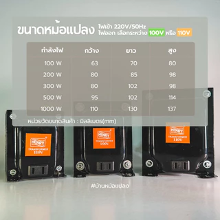 หม้อแปลงไฟ 220V เป็น 100V / 110V (แปลงไฟเครื่องใช้ไฟฟ้าต่างประเทศ เช่น ญี่ปุ่น อเมริกา)