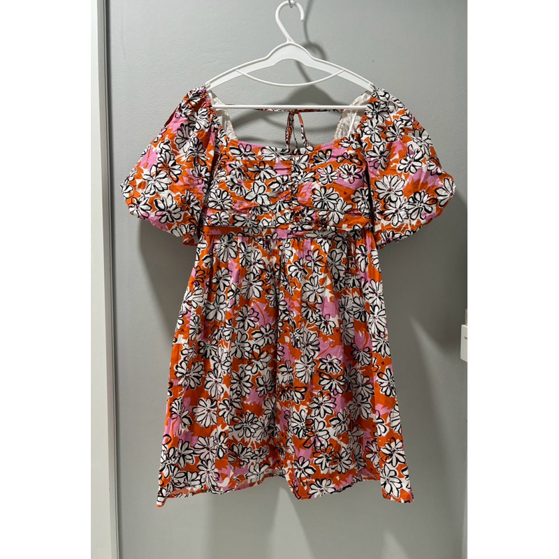[Secondhand]•Urban Revivo•Floral ruched mini dress - Size M - Printed orange