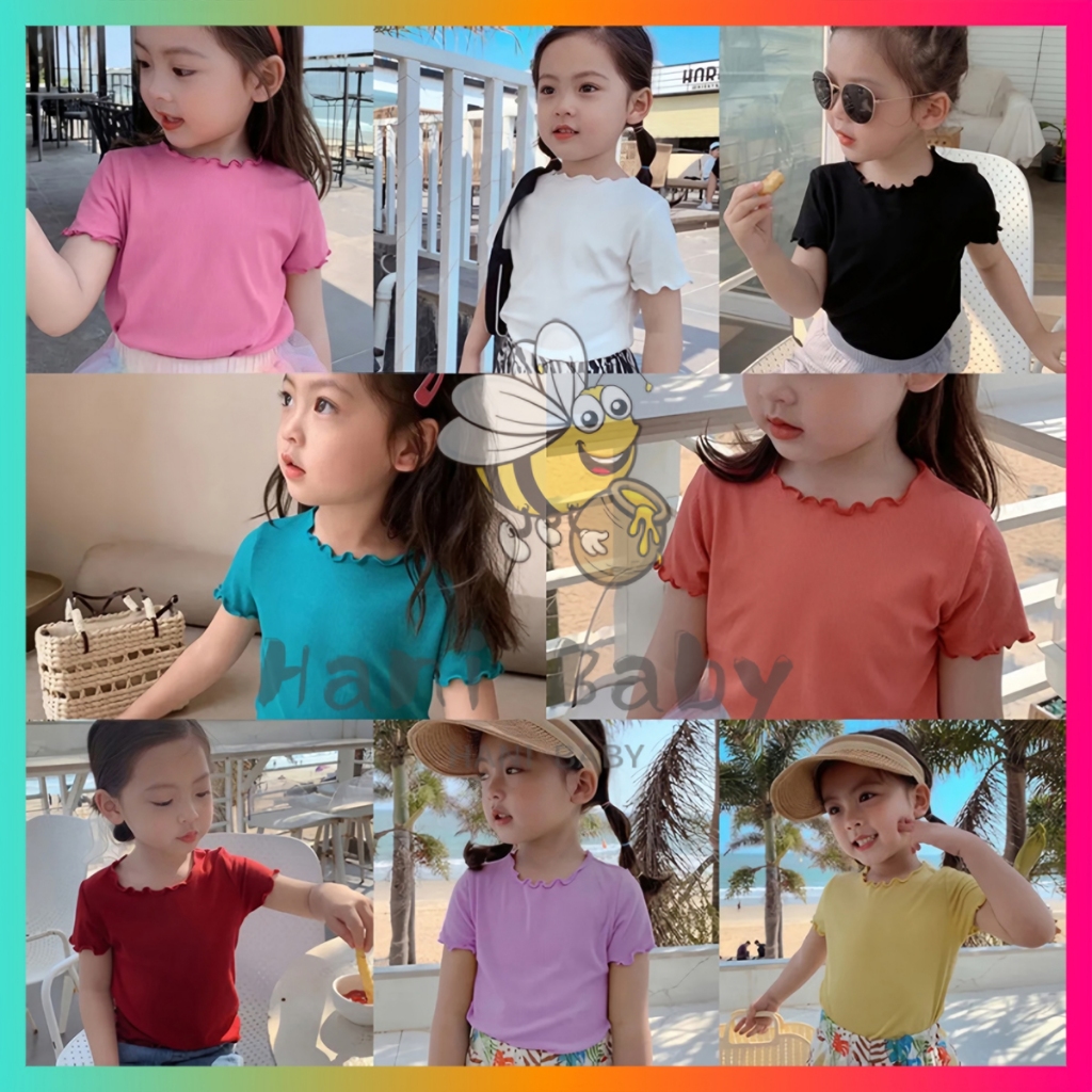 เสื้อยืดเด็กผู้หญิง เสื้อผ้าเด็กหญิงสีดำ สวมใส่สบาย ผ้าจับจีบ ปลายจับจีบ สีอ่อนๆ ผ้าญี่ปุ่น 1-12ขวบ