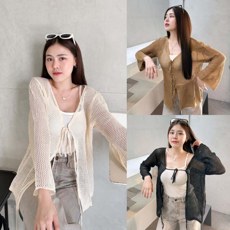 SpinnyHouse เซ็ต2ชิ้น เสื้อสายเดี่ยวผ้ายืด + เสื้อคลุมตาข่ายผูกเชือกได้ พร้อมส่งทุกสี เนื้อผ้านุ่มไม่แข็ง รุ่น ส่งฟรี