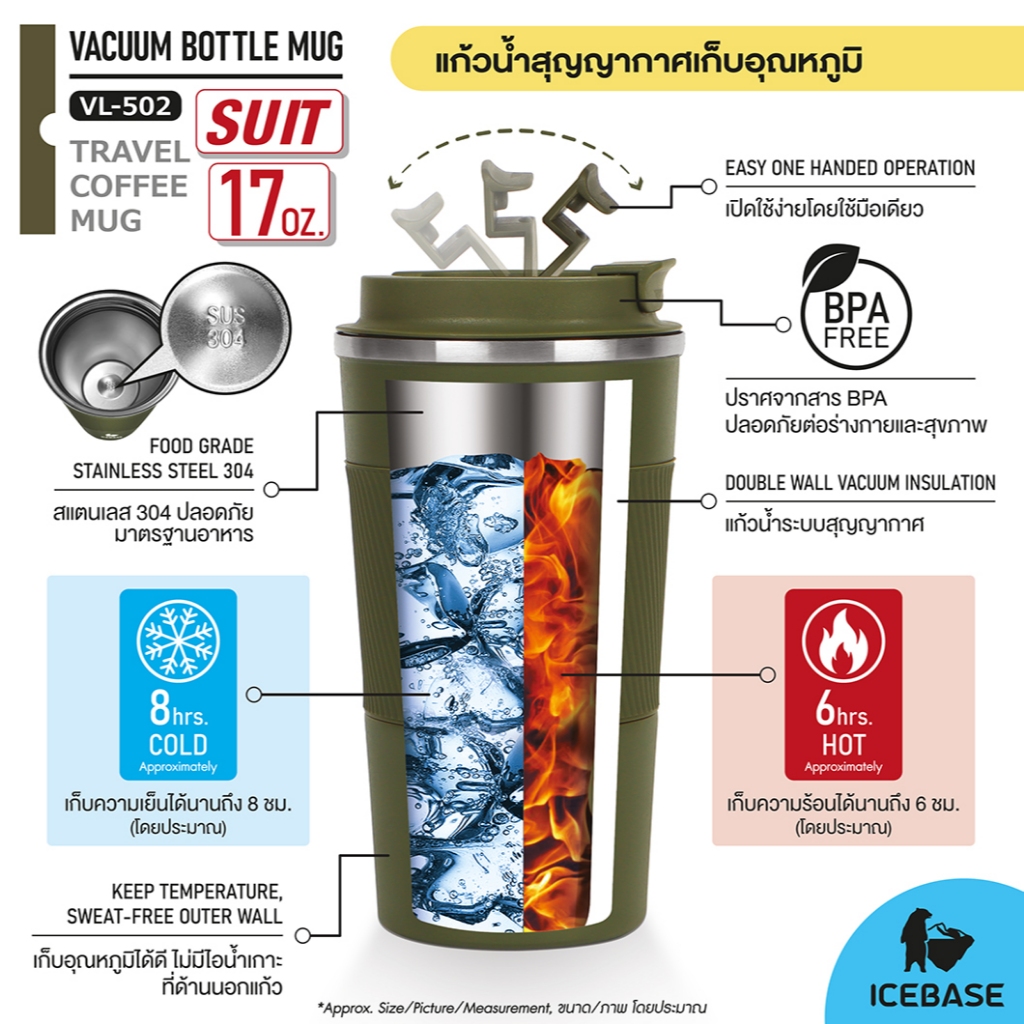 แก้วเก็บอุณหภูมิ ICEBASE สำหรับ Coffee ใส่กาแฟ 17 Oz. (510ML.) เก็บได้ทั้งร้อน-เย็น รุ่น SUIT รหัส VL-502 ราคา ถูกที่สุด ดีลบีเคเค แกลเลอรีภาพที่ 6