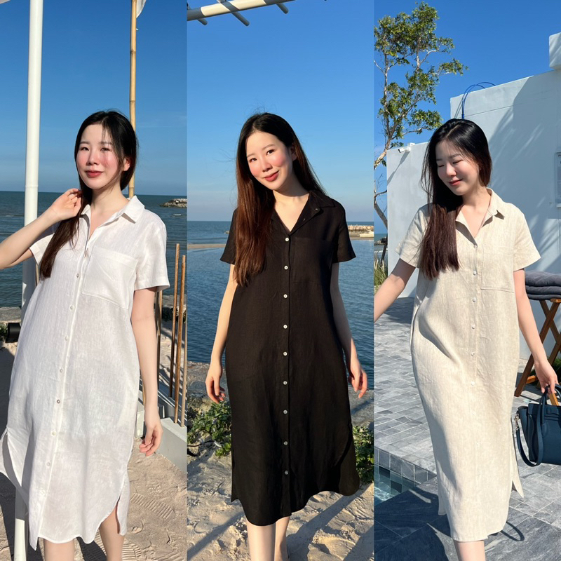 K2เดรสผ้าลินินแท้เนื้อแน่นอย่างดีสีขาว/ครีม/ดำ