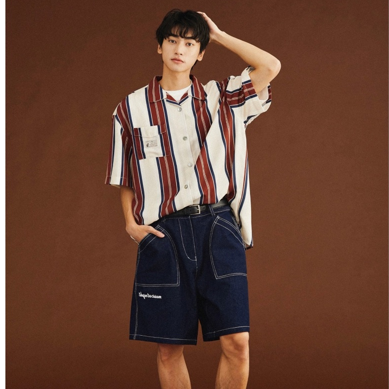เสื้อเชิ้ตคอปกลายทาง สวมใส่สบาย ระบายอากาศได้ดี ผ้าโพลีเอสเตอร์ เหมาะกับทุกสถานการณ์ ทรงหลวม
