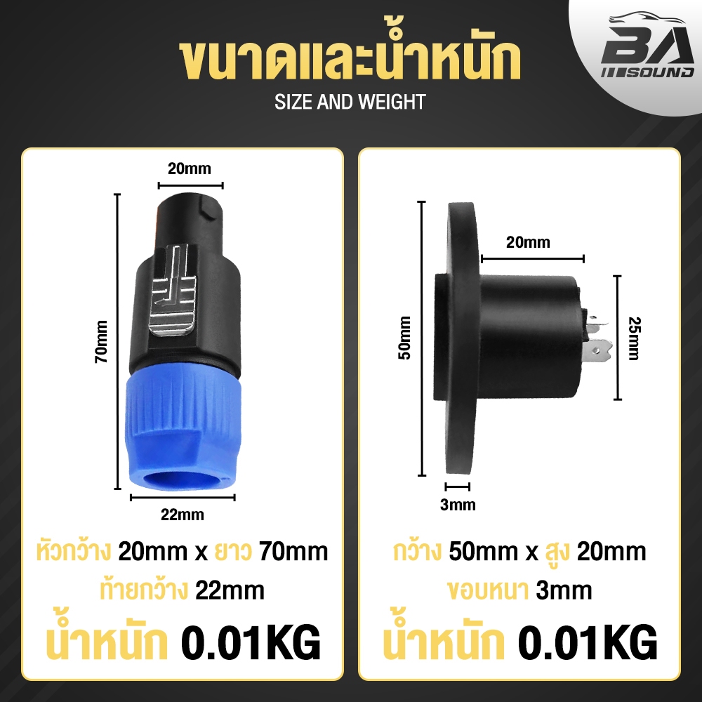 BA SOUND แจ็คสเปคคอนตัวผู้ + ปลั๊กสเปคคอนตัวเมีย 4ขา ปลั๊กสเปคคอน ตัวผู้ / ตัวเมีย สำหรับตู้ลำโพง speakon สเปคคอน แจ็ค
