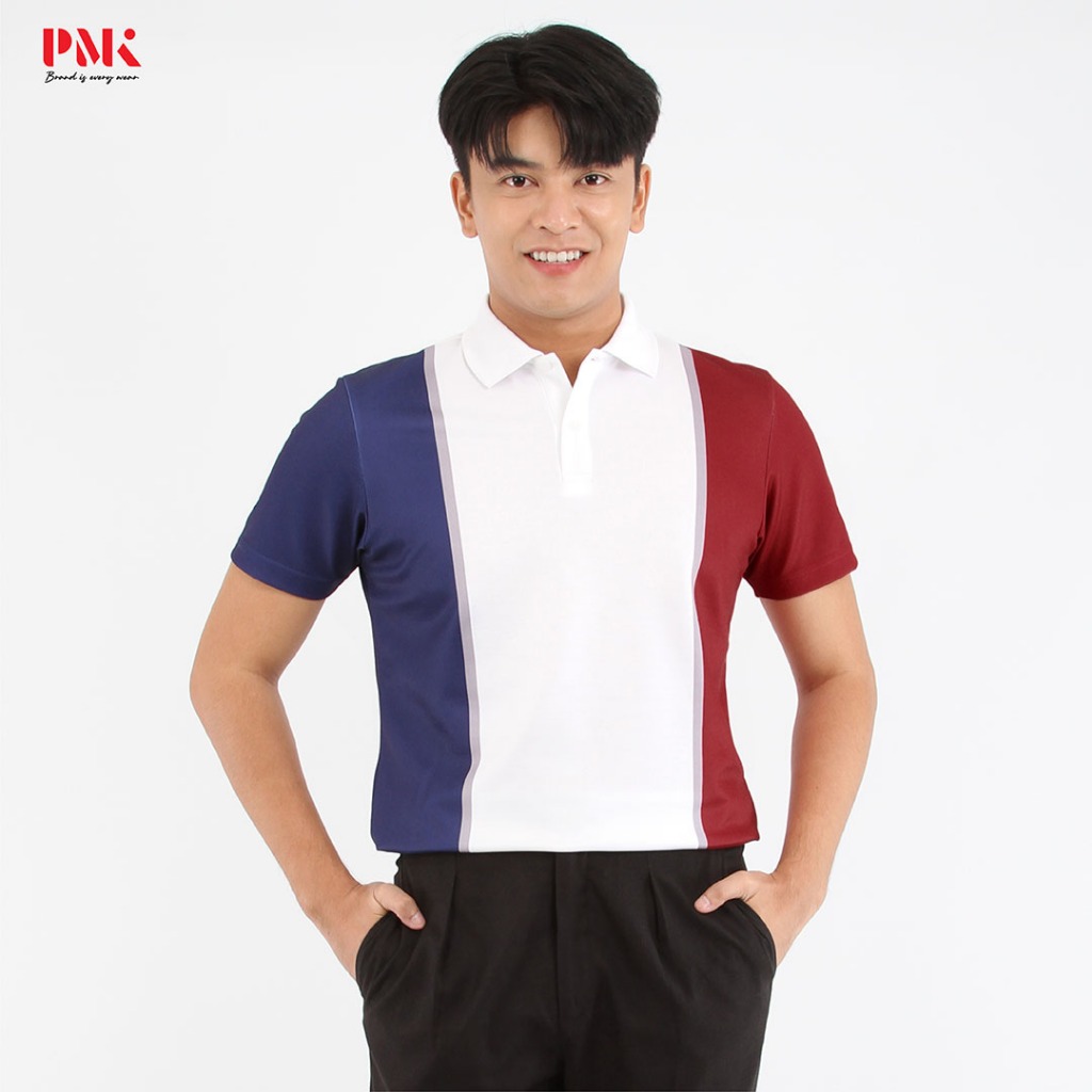 PMK Polomaker เสื้อโปโลพิมพ์ลาย Printed Pique EPP - สีแดง-กรมท่า