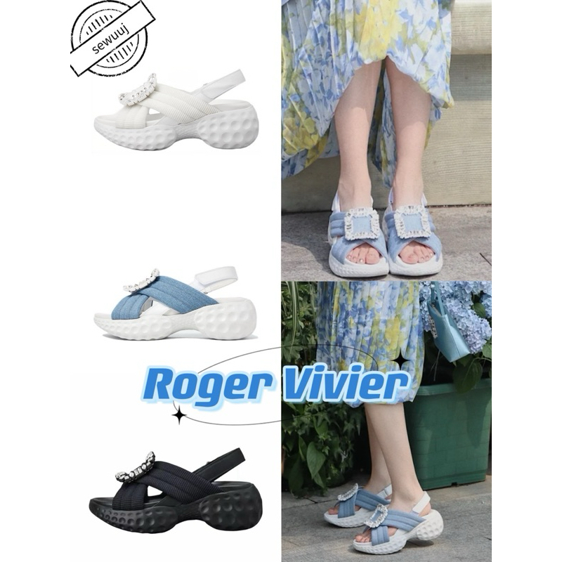 รองเท้าแตะสายเดียวแฟชั่นผ้า Roger Vivier ของแท้สำหรับผู้หญิง