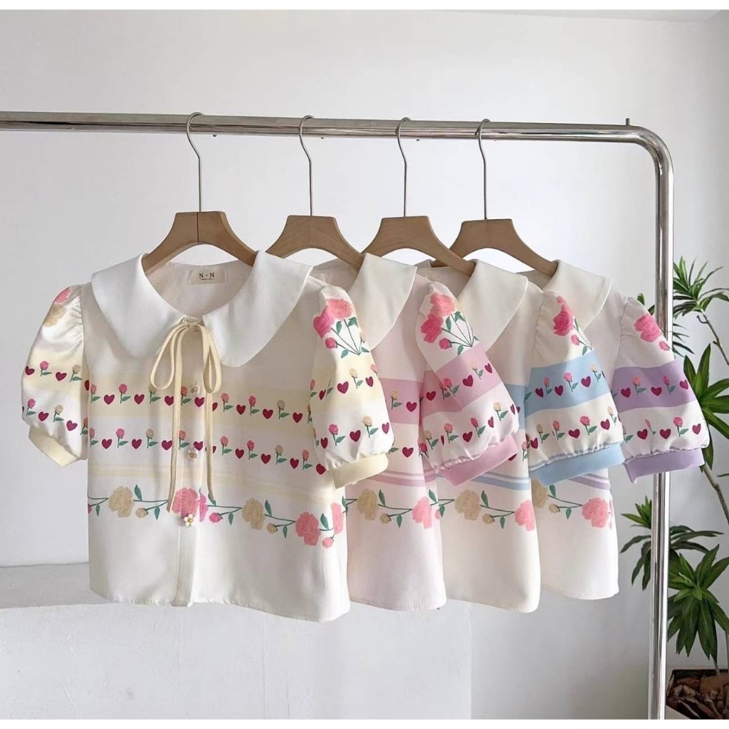 ป้าย N.N เสื้อผ้าคอตตอนผสมปกบัวลายดอกไม้ อก 37 นิ้ว ยาว 18 นิ้ว