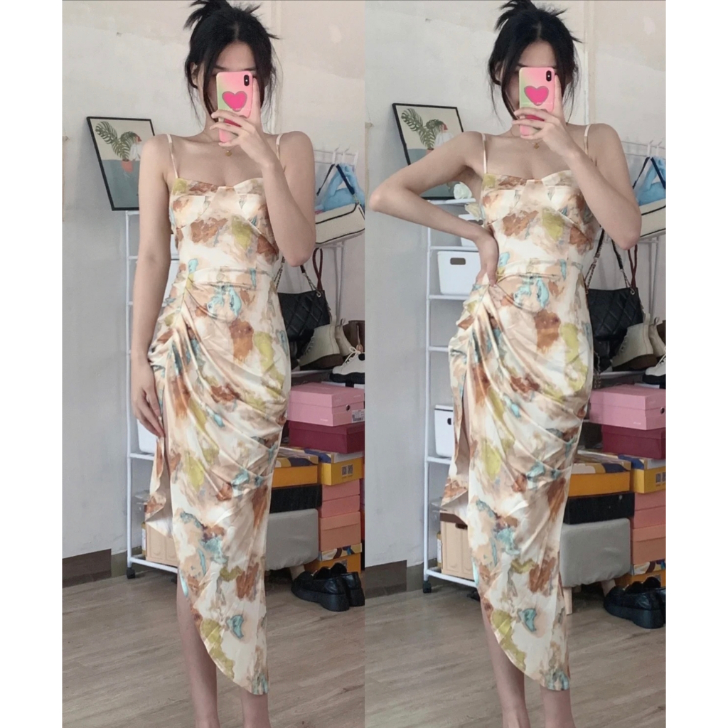 ชุดราตรี ผู้หญิง floral ออกงาน ยาว มัดย้อม รัดรูป เกาหลี ไปทะเล น่ารัก แขนกุด เปิดหลัง เดรสแฟชั่น