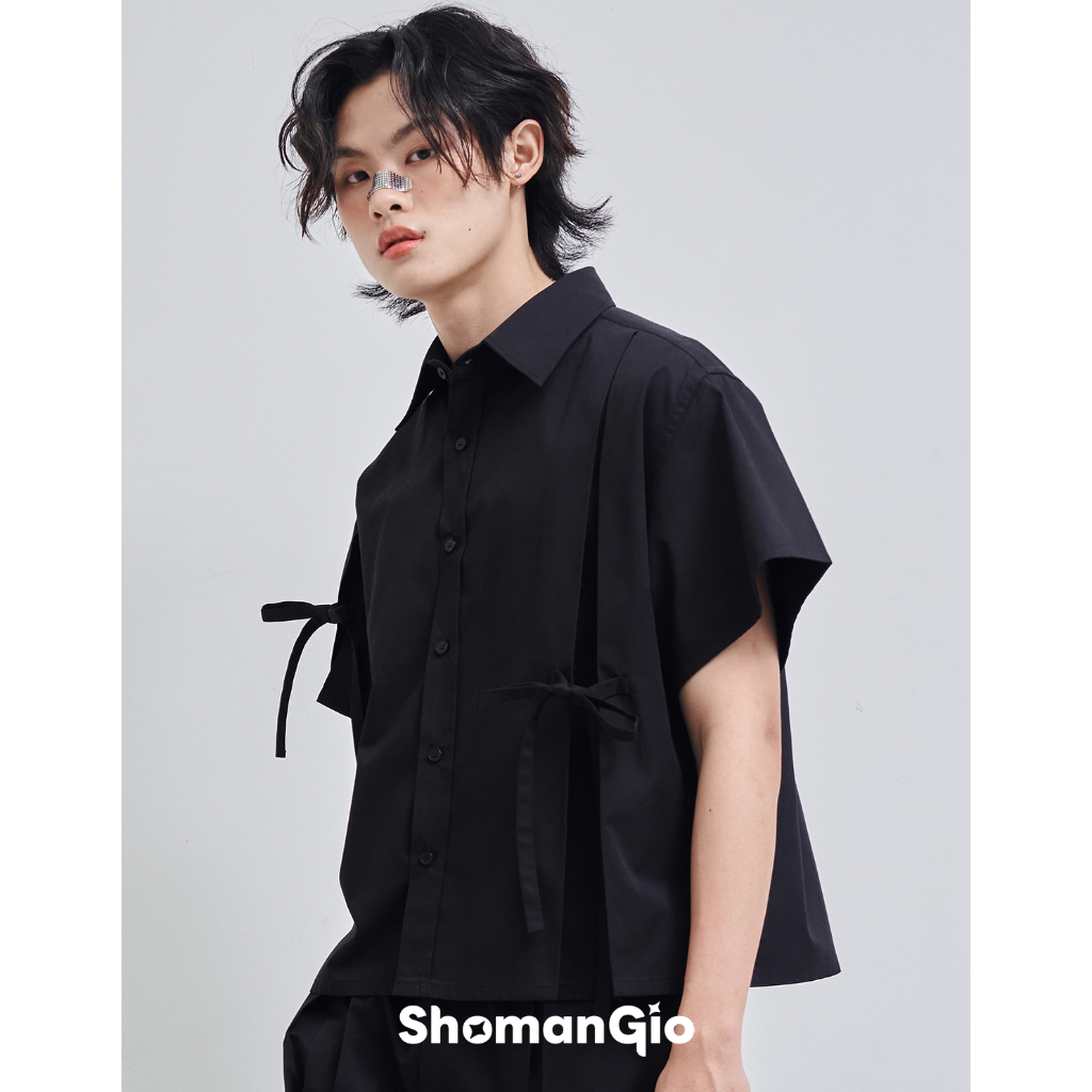 Shomangio details oversize shirt with bows /เสื้อเชิ้ตดีเทลจีบพร้อมโบว์ผูกหน้าหลังโอเวอร์ไซส์ Unisex