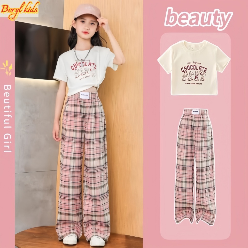 Beryl kids🌸ชุดเซ็ทเด็กผู้หญิง แฟชั่น🎀เสื้อแขนสั้นกางเกงลายสก๊อตลําลอง ทรงหลวม สไตล์เกาหลี รุ่นใหม่ ฤดูร้อน
